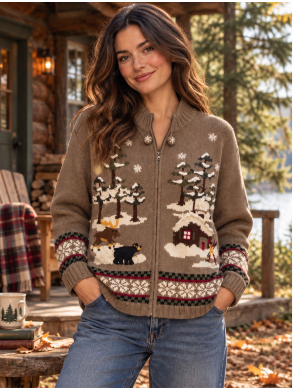Vintage Croft & Barrow Women’s 1X Mushroom Gray Brown Woodland Cardigan Sweater